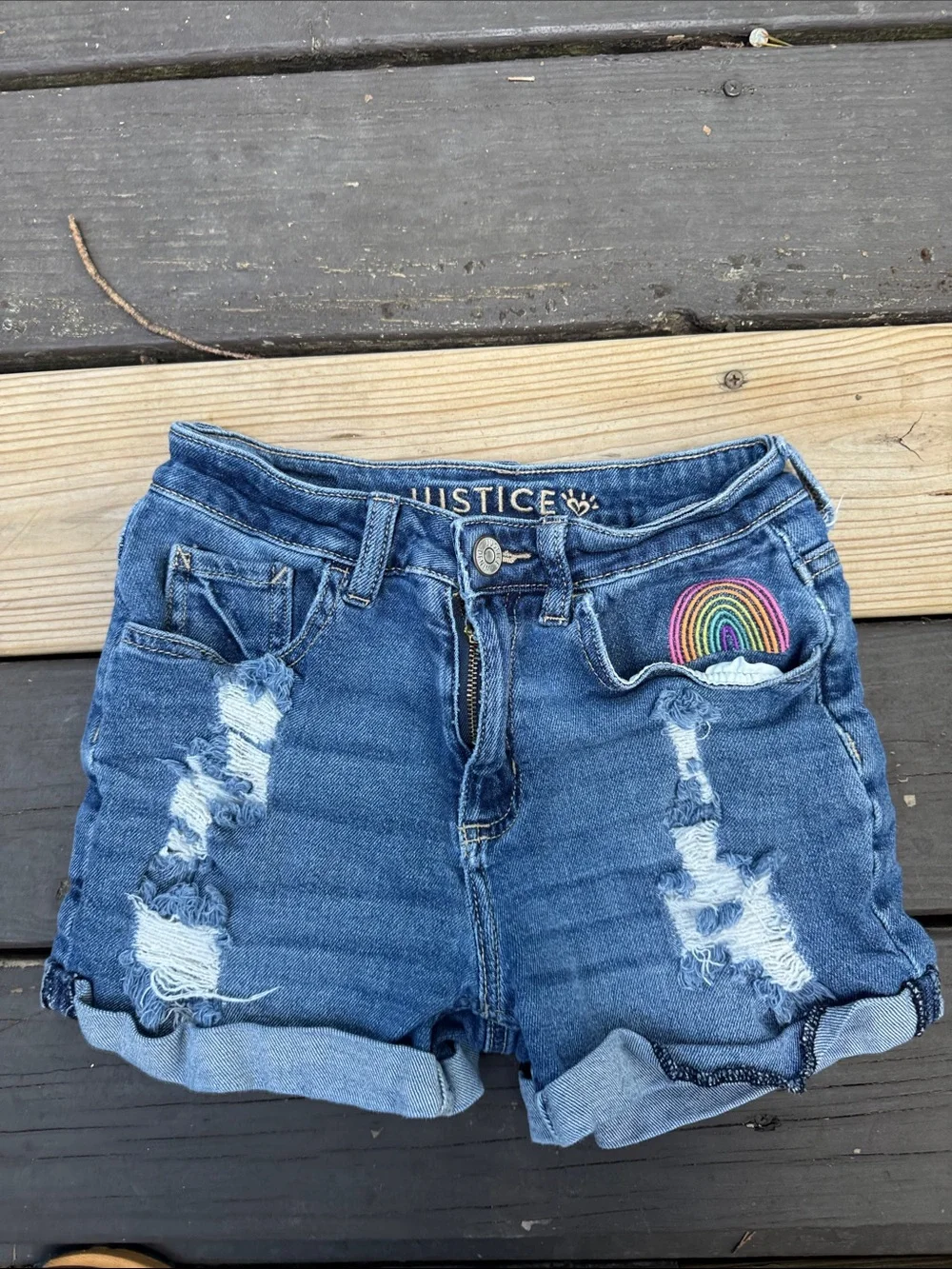 Justice Blue Denim Shorts with Rainbow Patch size 14